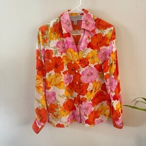 Vintage Starington Silk Blouse Women 4 Tropical Floral Print Top Casual Feminine